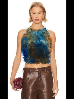 Turquoise Faux Fur Halter Top in Blue Green Multi ADRIENNE LANDAU - NWT